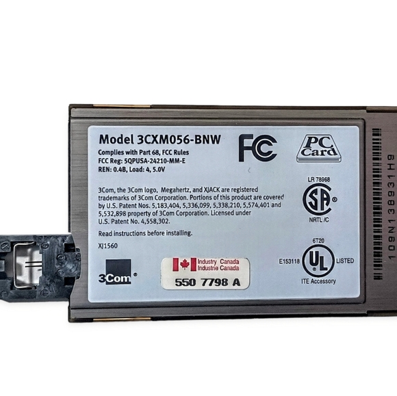 3com Noteworthy PCMCIA 56K Modem PC Card With XJack Connecter Model 3CXM056-BNW - Picture 3 of 3